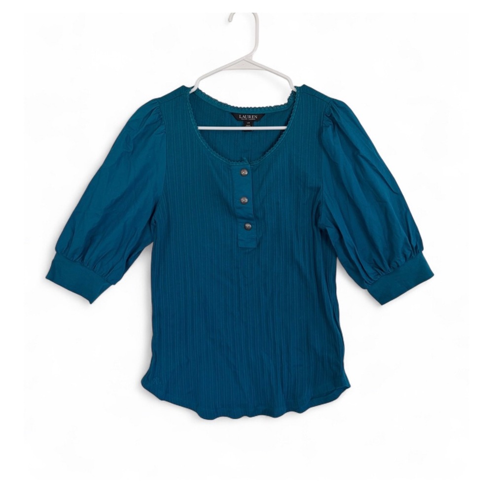 Lauren Ralph Lauren Teal Blue Puff Sleeve Ribbed Henley Top L